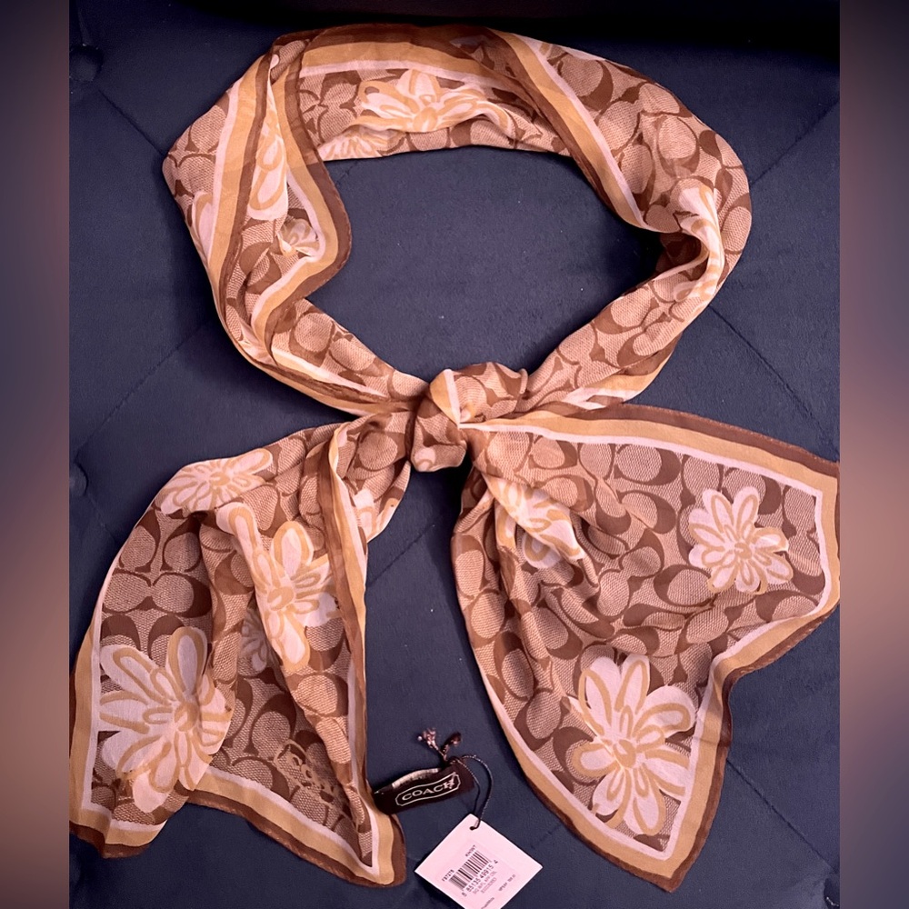 BNWT 100% Silk Coach Tan and Cream sheer Monogrammed Floral Women's Scarf